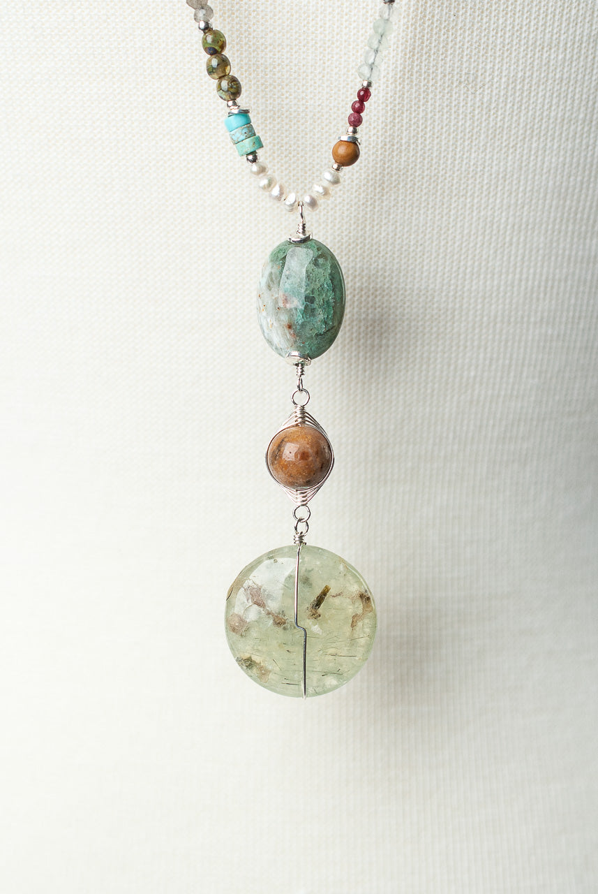 *Bloom Adjustable Leather Prehnite Collage Pendant Necklace