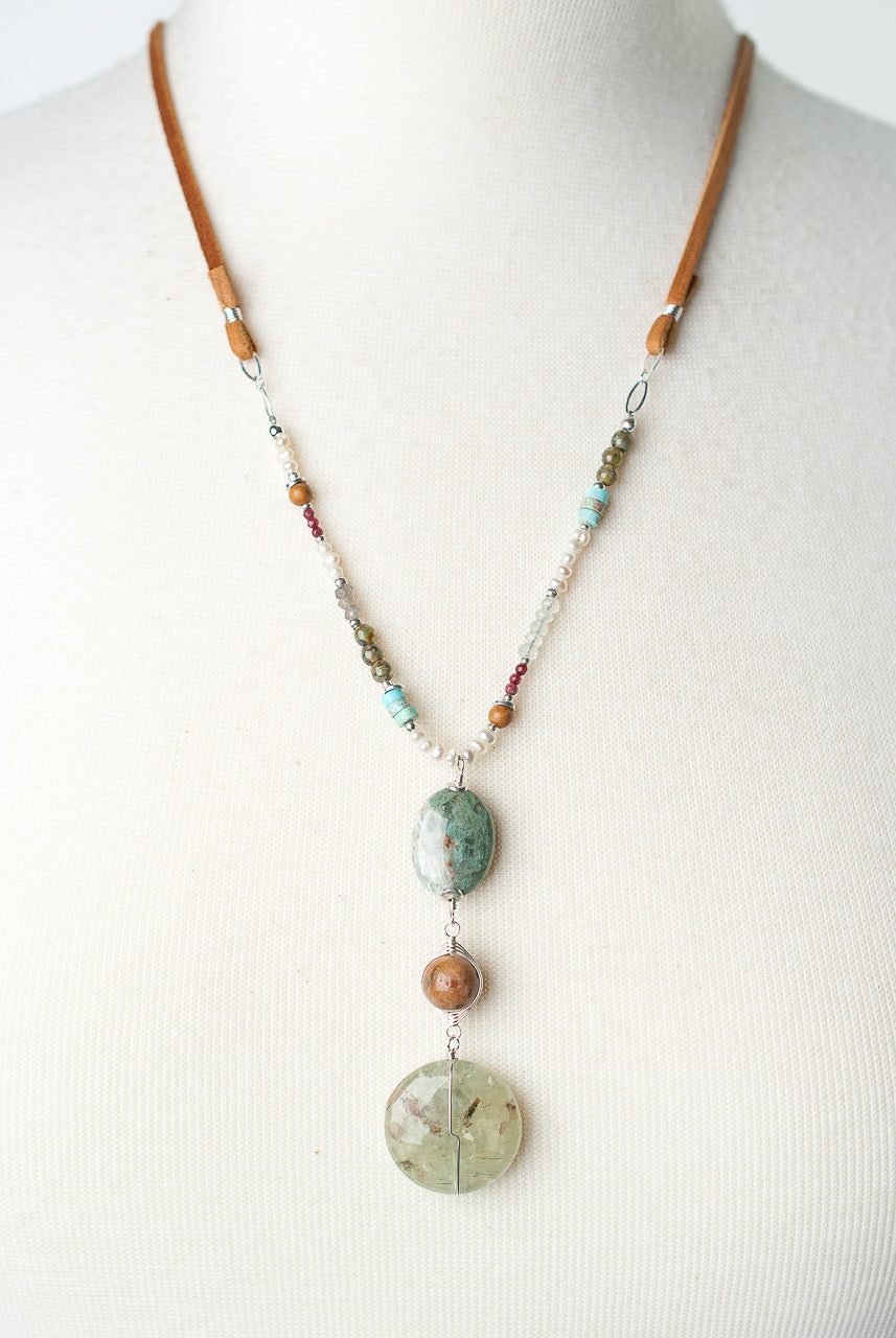 *Bloom Adjustable Leather Prehnite Collage Pendant Necklace