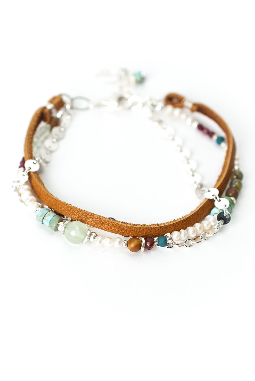 *Bloom 7.5-8.5" Silver & Leather Multistrand Bracelet