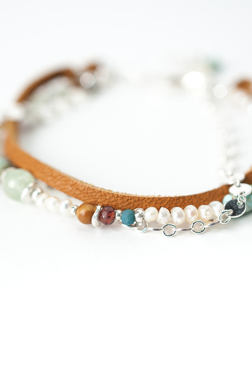 *Bloom 7.5-8.5" Silver & Leather Multistrand Bracelet