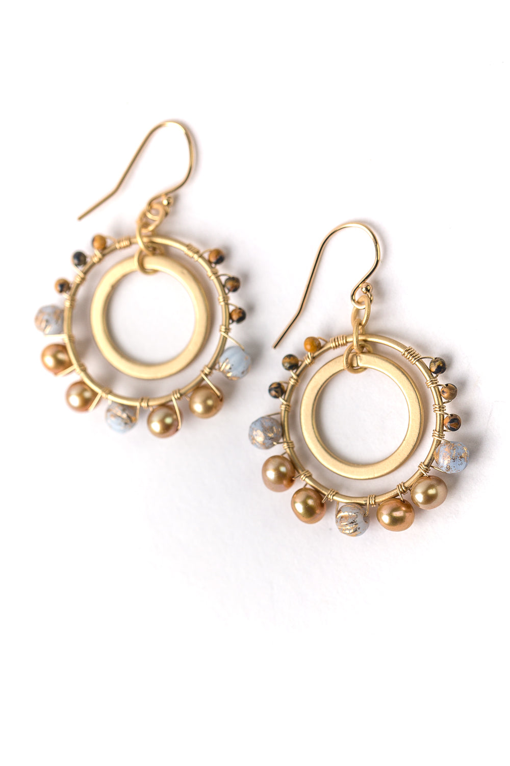 Blue Lace Matte Gold Gemstone Hoop Earrings