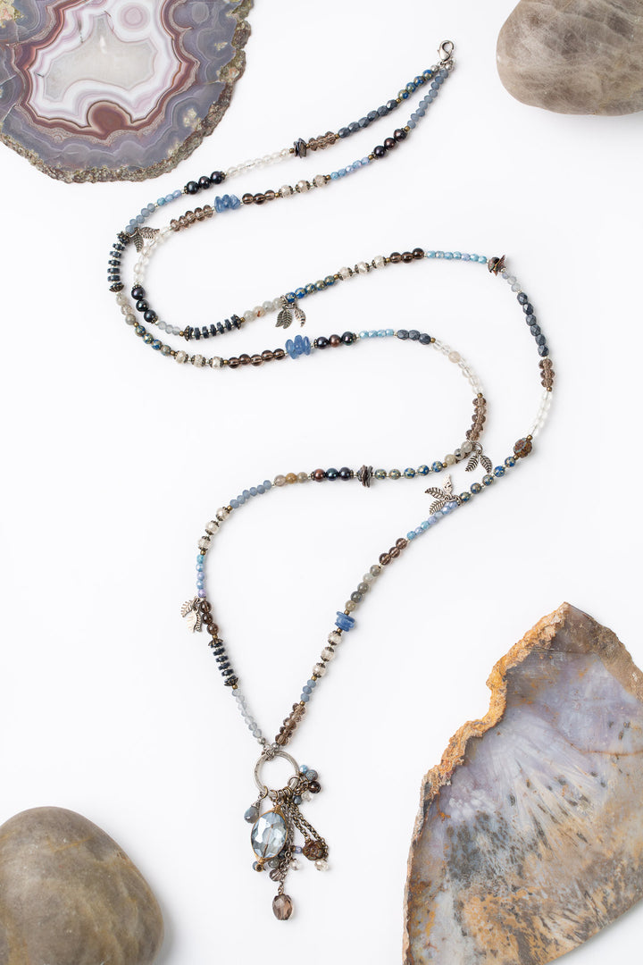 Claridad 20.5 or 41" Smoky Quartz, Labradorite Czech Glass With Crystal Tassel Necklace