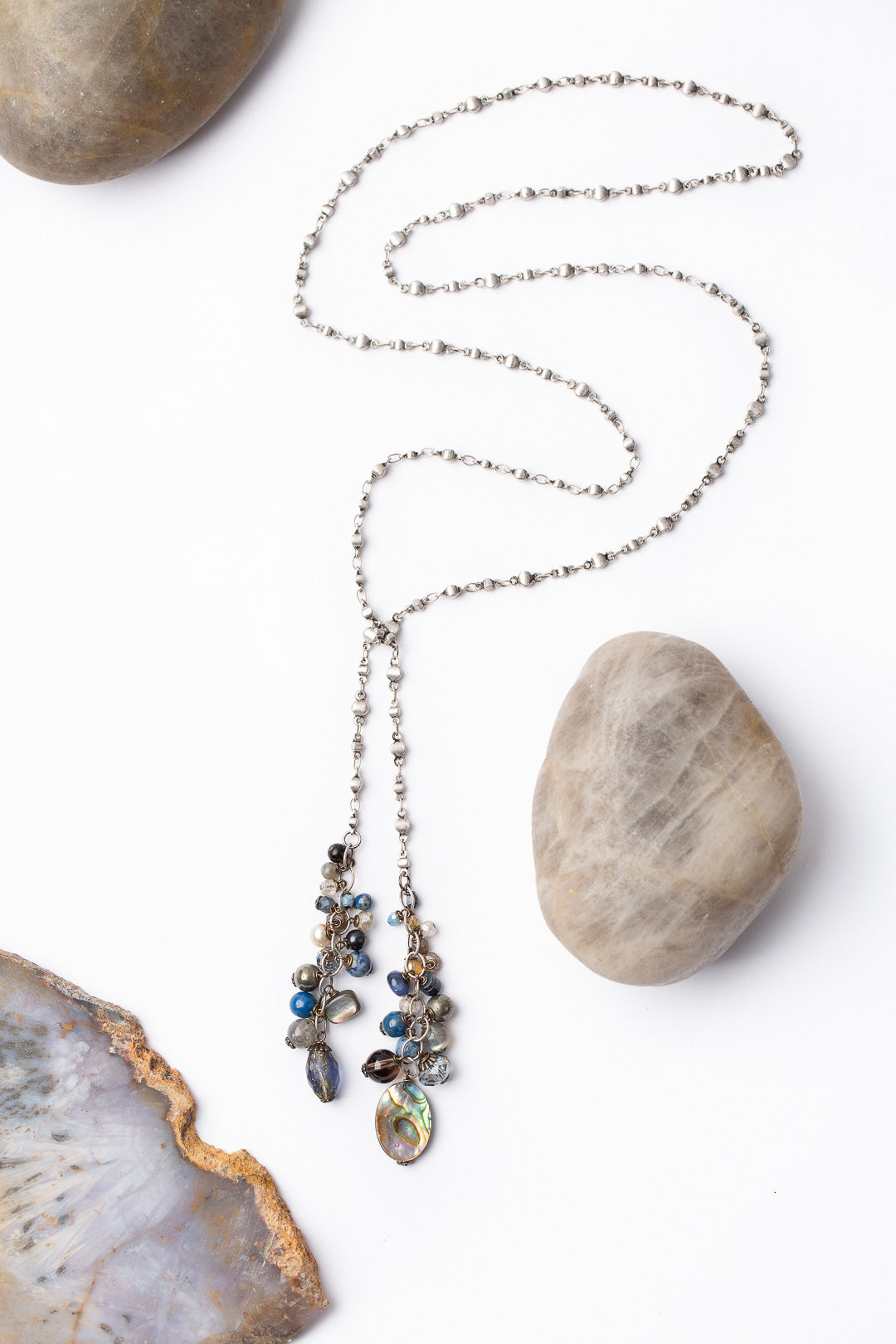 Claridad 32" Pyrite, Smoky Quartz, Czech Glass With Abalone Cluster Necklace