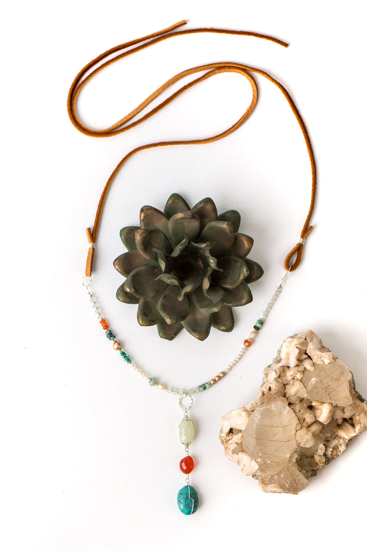 Cactus Rose Adjustable Leather Aquamarine, Carnelian Collage Focal Necklace