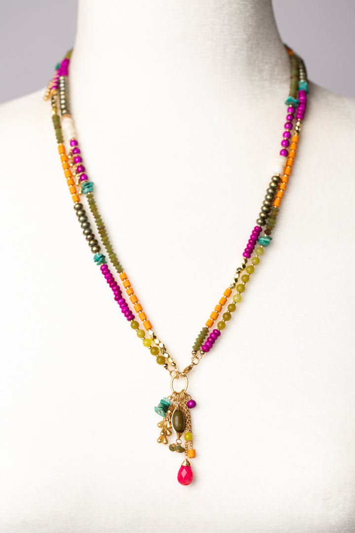 Eden 23 or 45" Green Tiger's Eye, Pink Jade, Turquoise Tassel Necklace