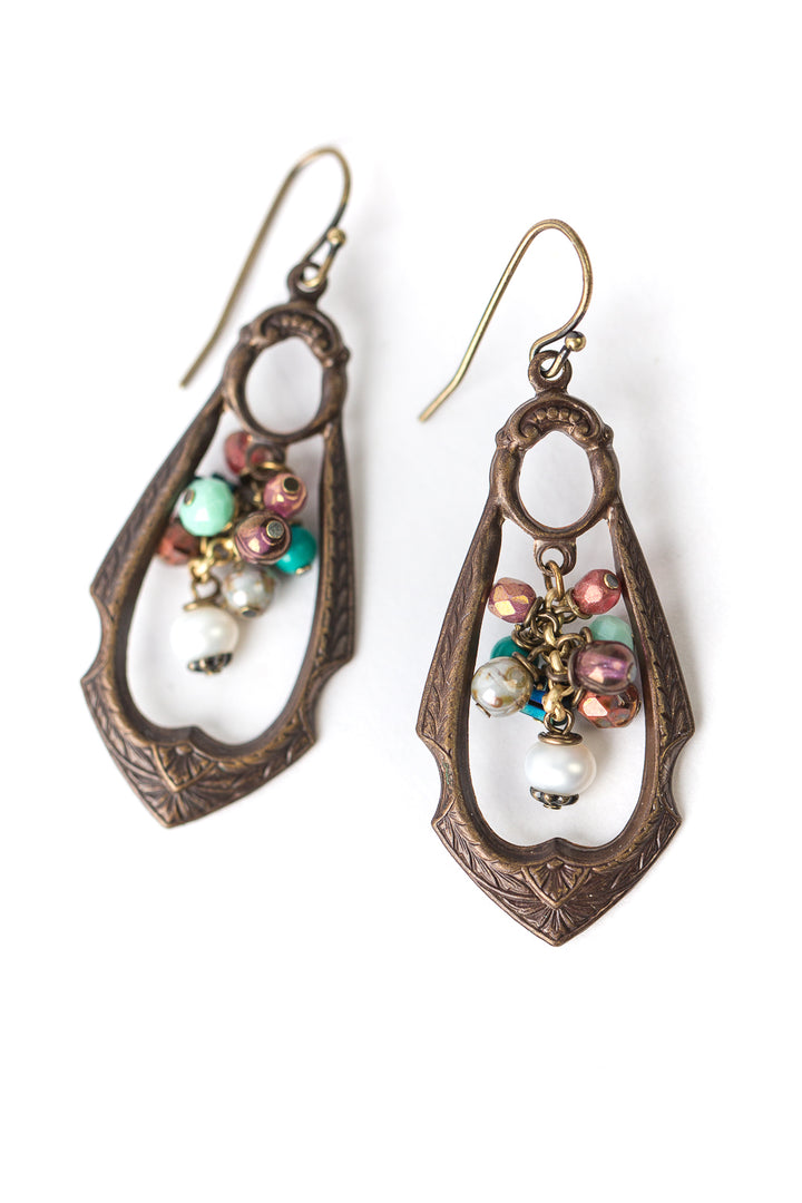 *Eat Love Pray Czech Glass, Turquoise, Antique Brass Cluster Earrings