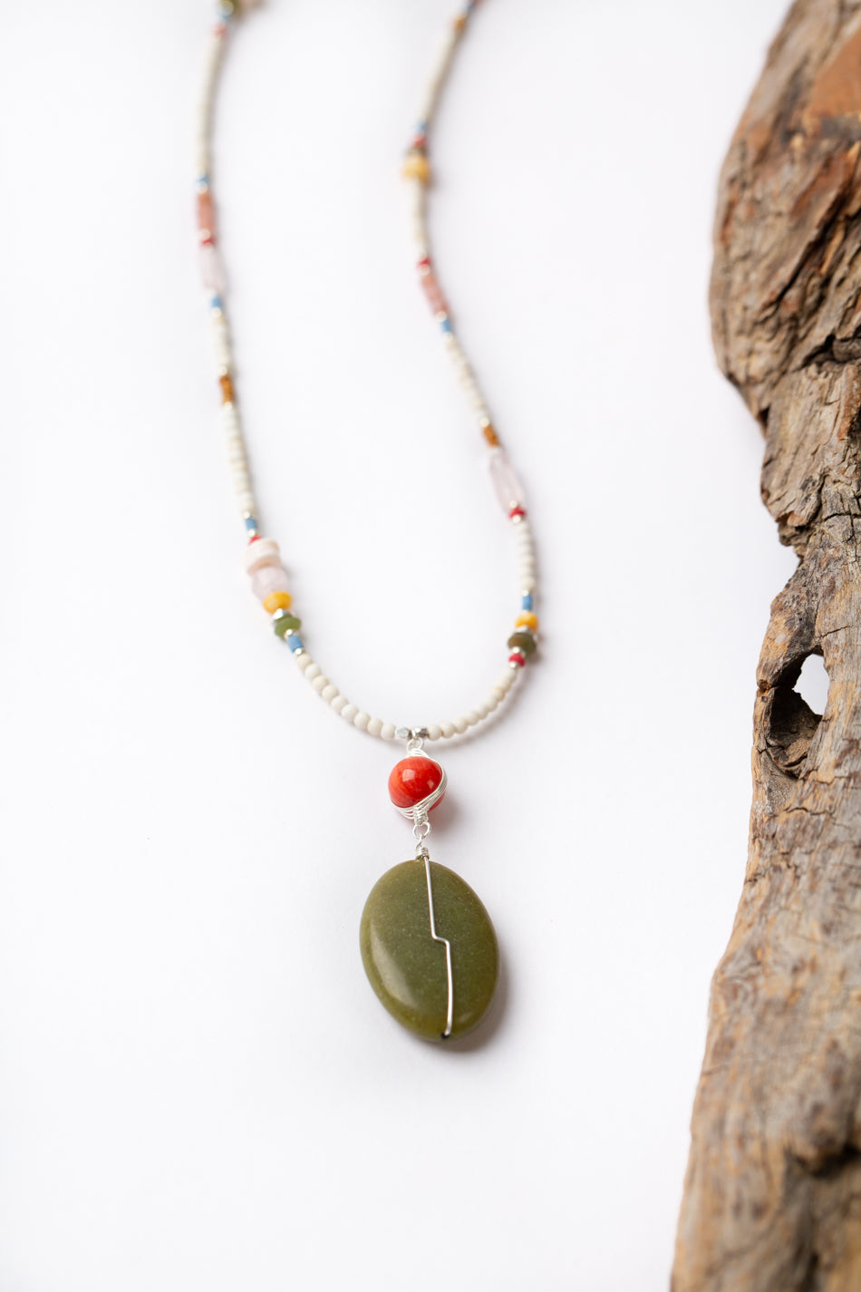 Flora Adjustable Red Coral, Rose Quartz, Fire Opal With Olive Jade Simple Necklace