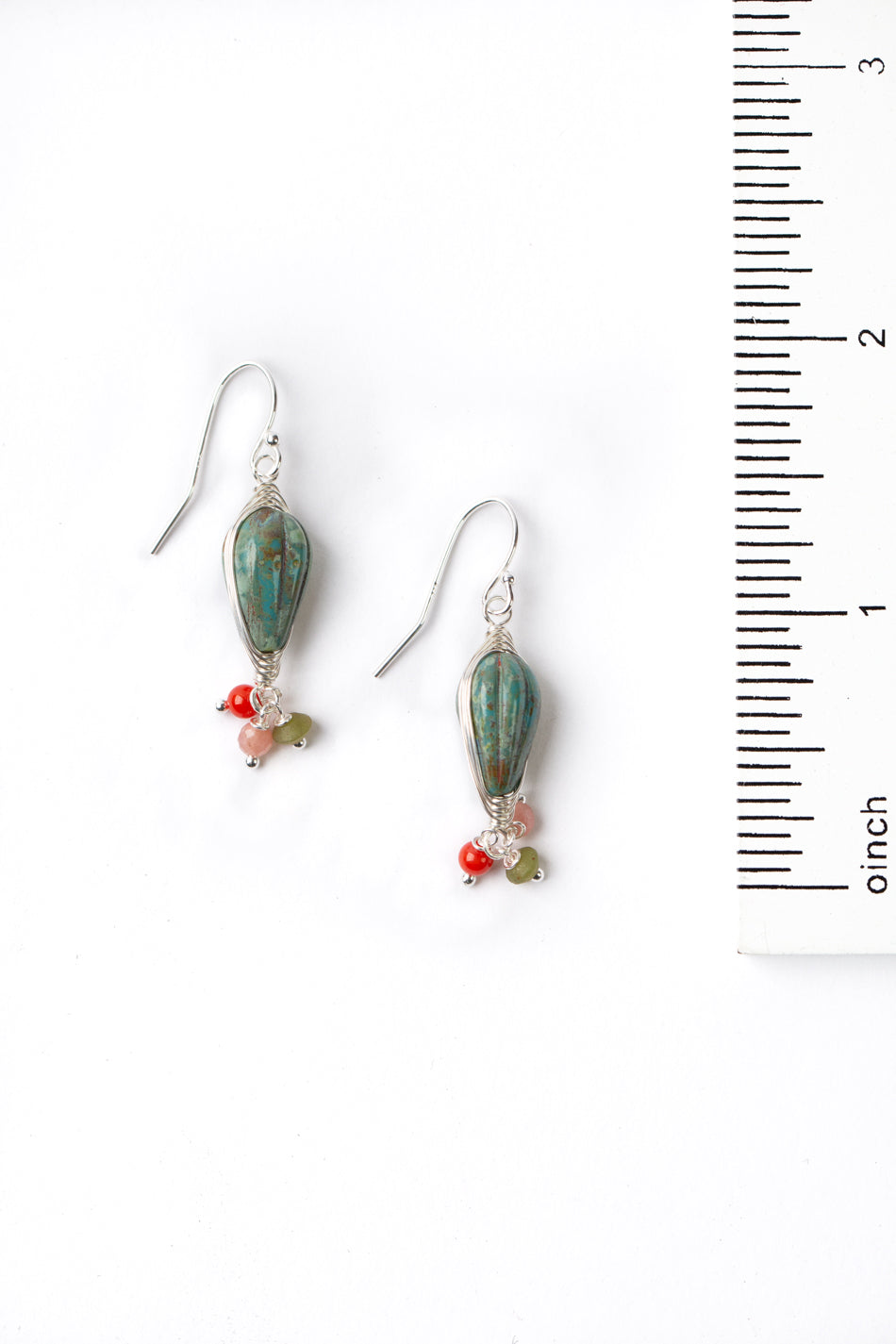 Flora Czech Glass, Red Coral, Rhodochrosite Herringbone Earrings