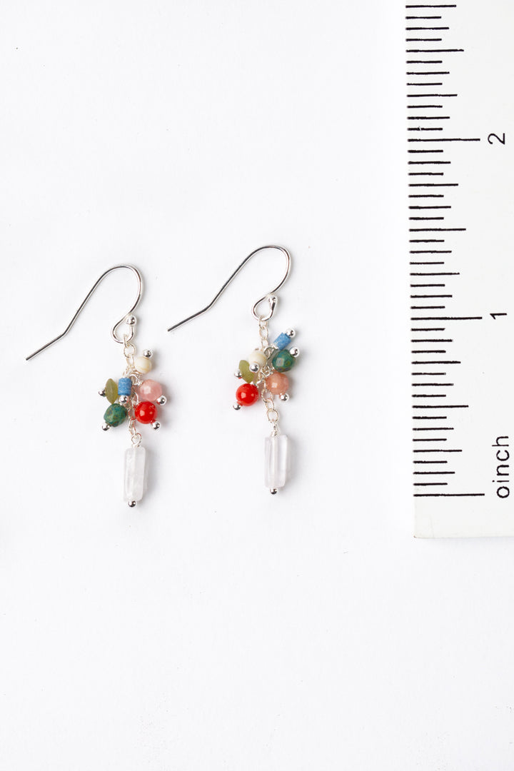 Flora Rose Quartz, Red Coral, Rhodochrosite Cluster Earrings