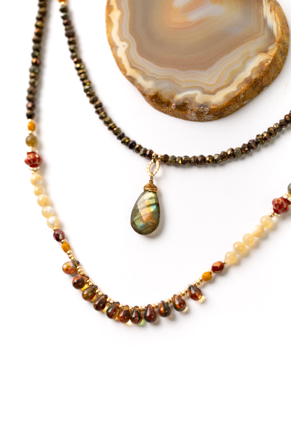 Fireside Adjustable Pyrite, Mother Of Pearl, Czech Glass Statement Necklace