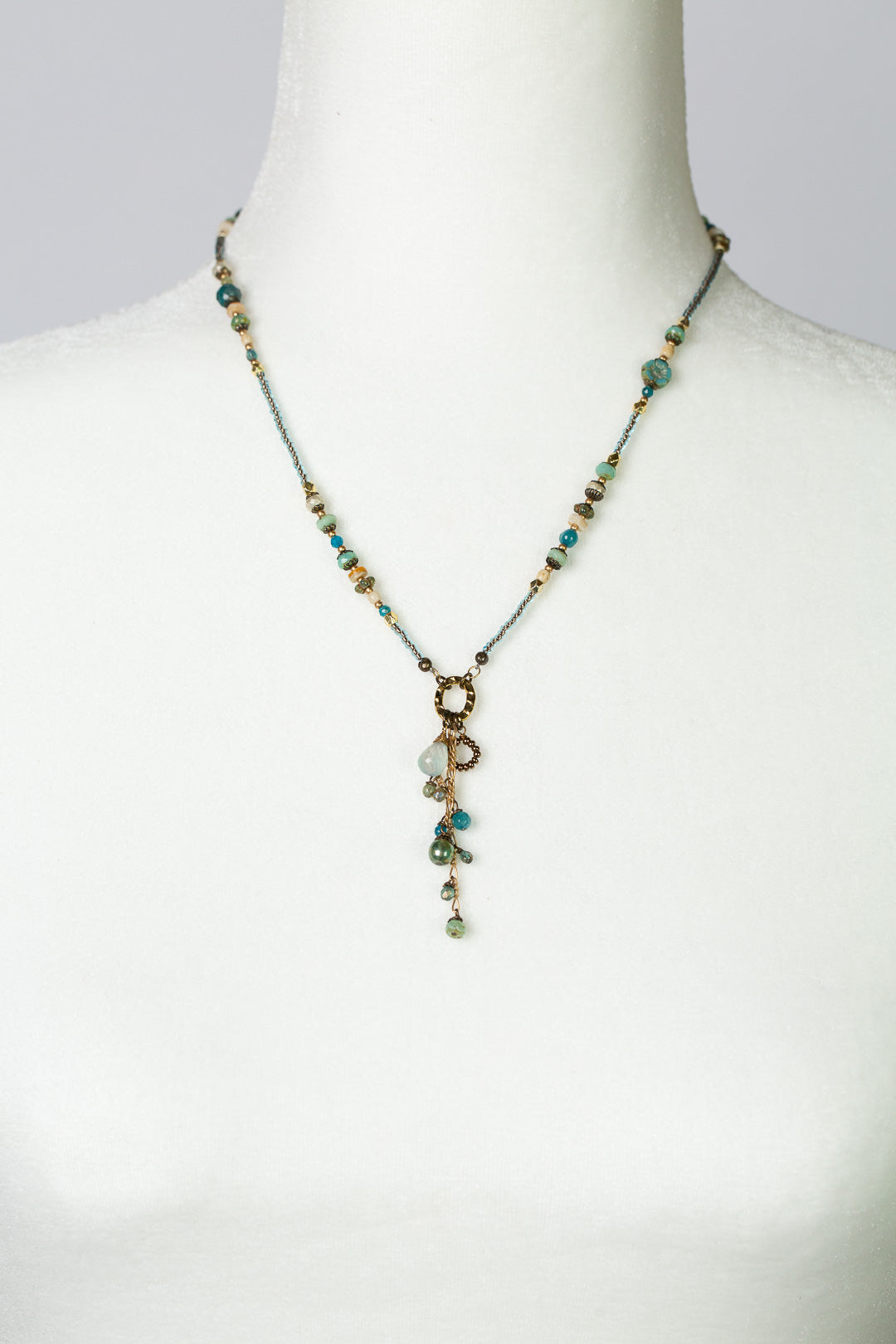 Heron 17.5-19.5" Czech Glass, Shell, Neon Apatite, With Chalcedony Tassel Necklace