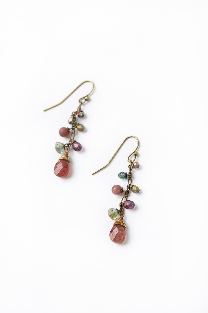 Mauve Czech Glass, Crystal With Strawberry Quartz Cluster Earrings