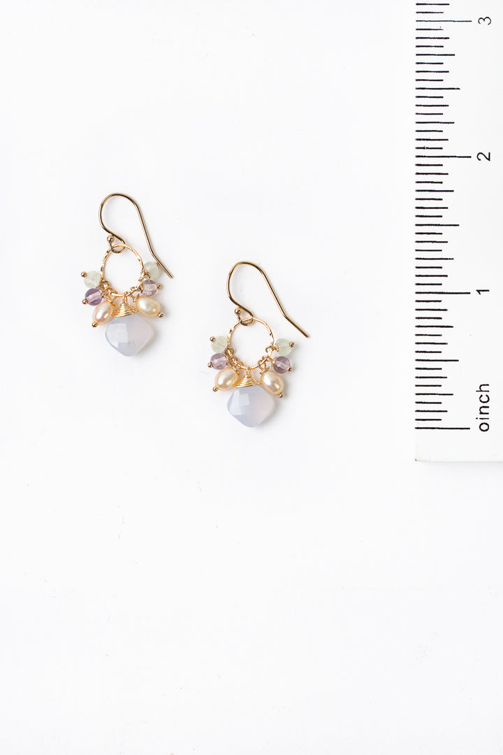 Meadow Pearl, Amethyst, Prehnite With Blue Lace Cluster Earrings