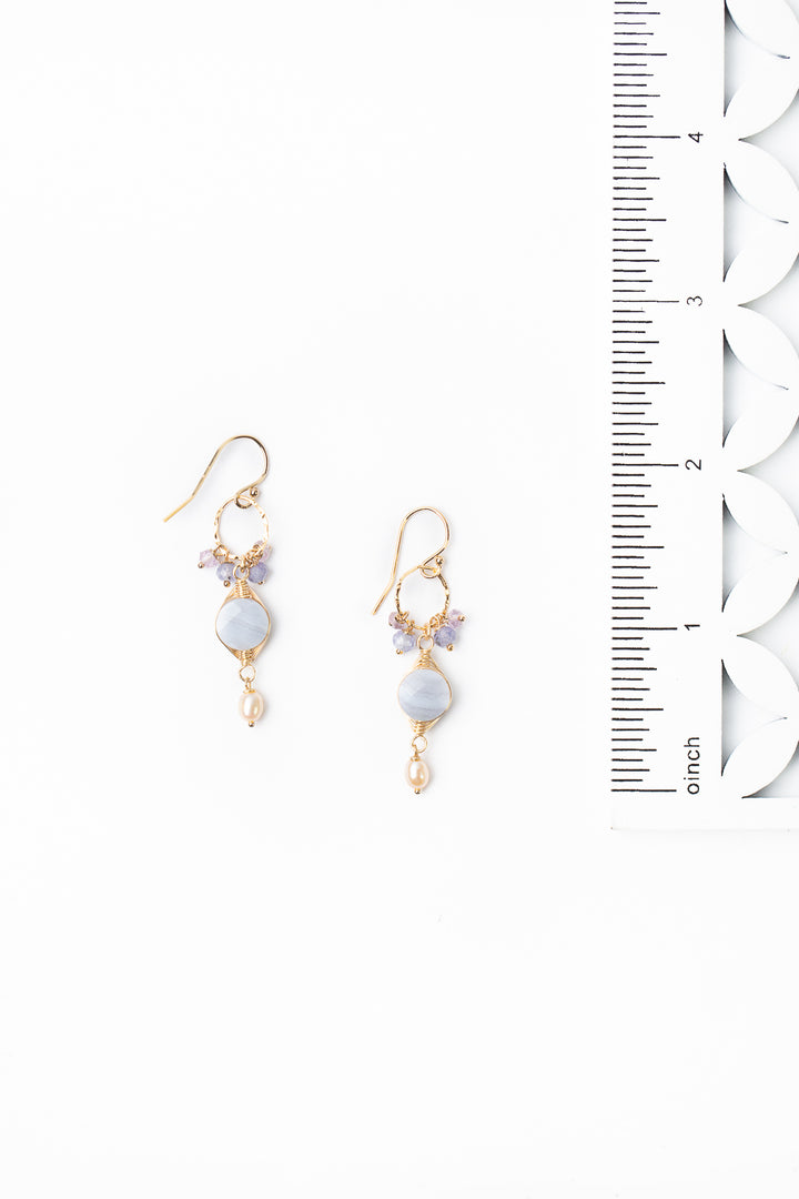Meadow Pearl, Amethyst, Tanzanite with Blue Lace Herringbone Earrings