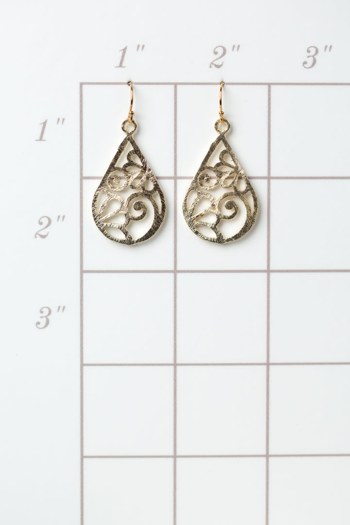 Brushed Gold Floral Swirl Droplet Earrings