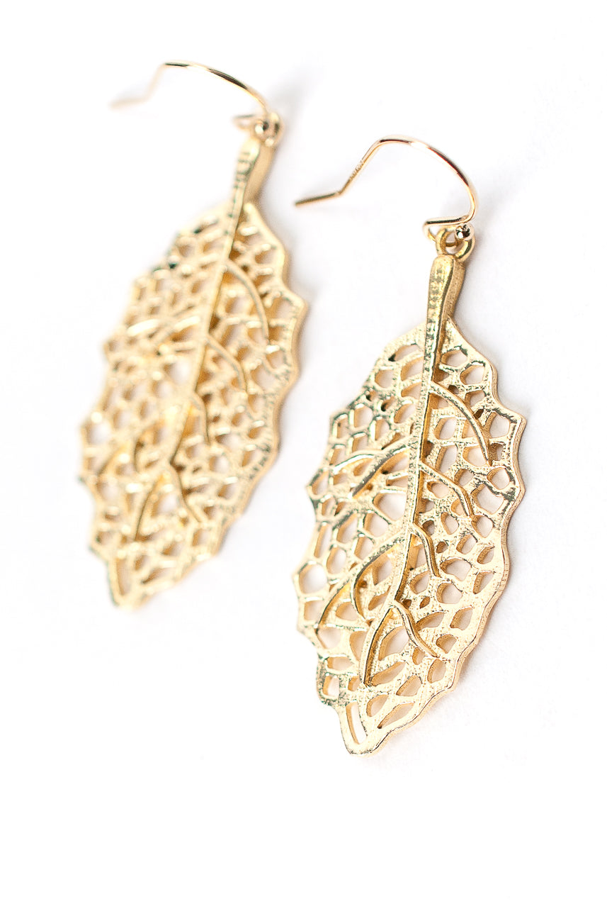Brushed Gold Filigree Leaf Earrings