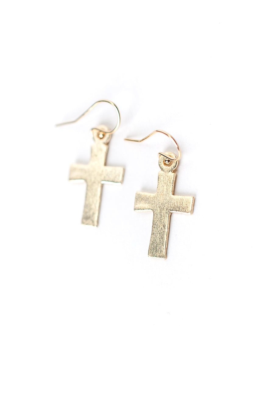 Brushed Gold Cross Earrings