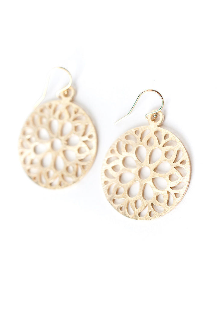 Brushed Gold Floral Disk Earrings
