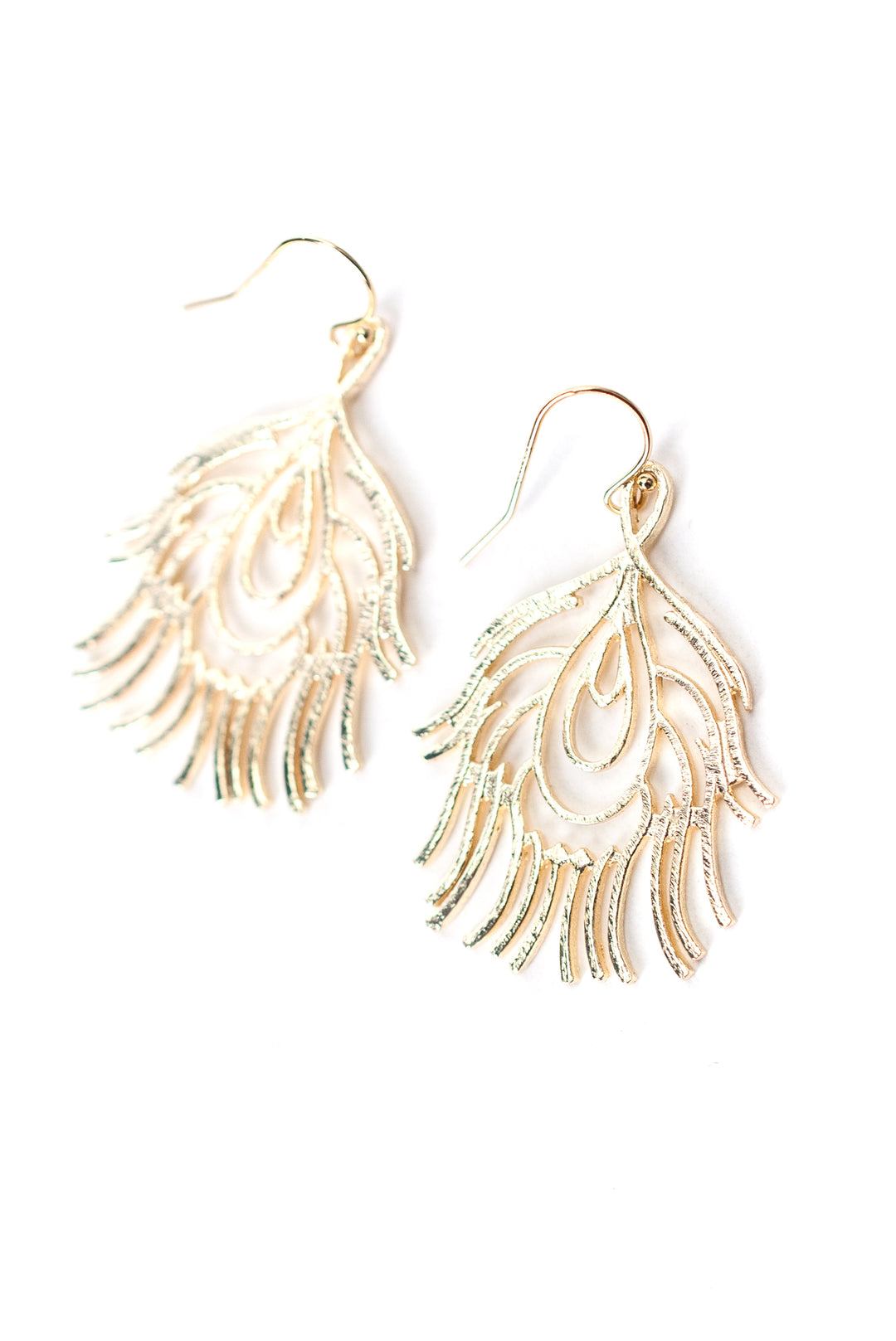Brushed Gold Peacock Feather Earrings