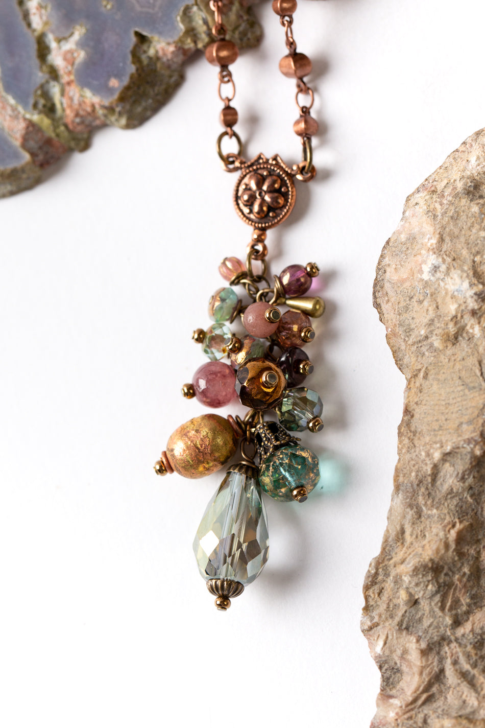 Mauve Mix 24-26" Czech Glass, Crystal, Lepidolite Quartz Cluster Necklace (limited)