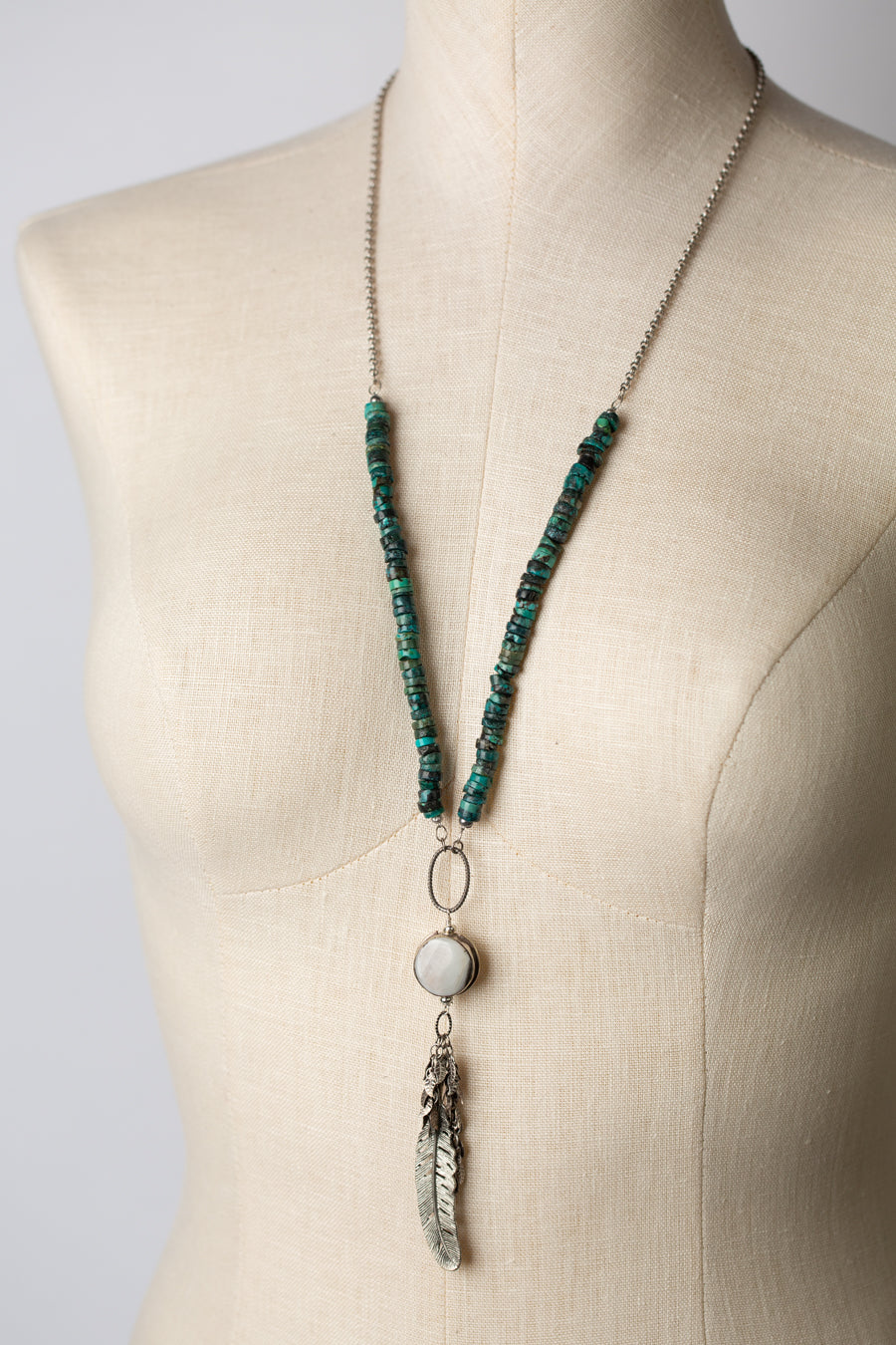 One of a Kind 29.75-31.75" Natural Turquoise and Bone Feather Tassel Necklace
