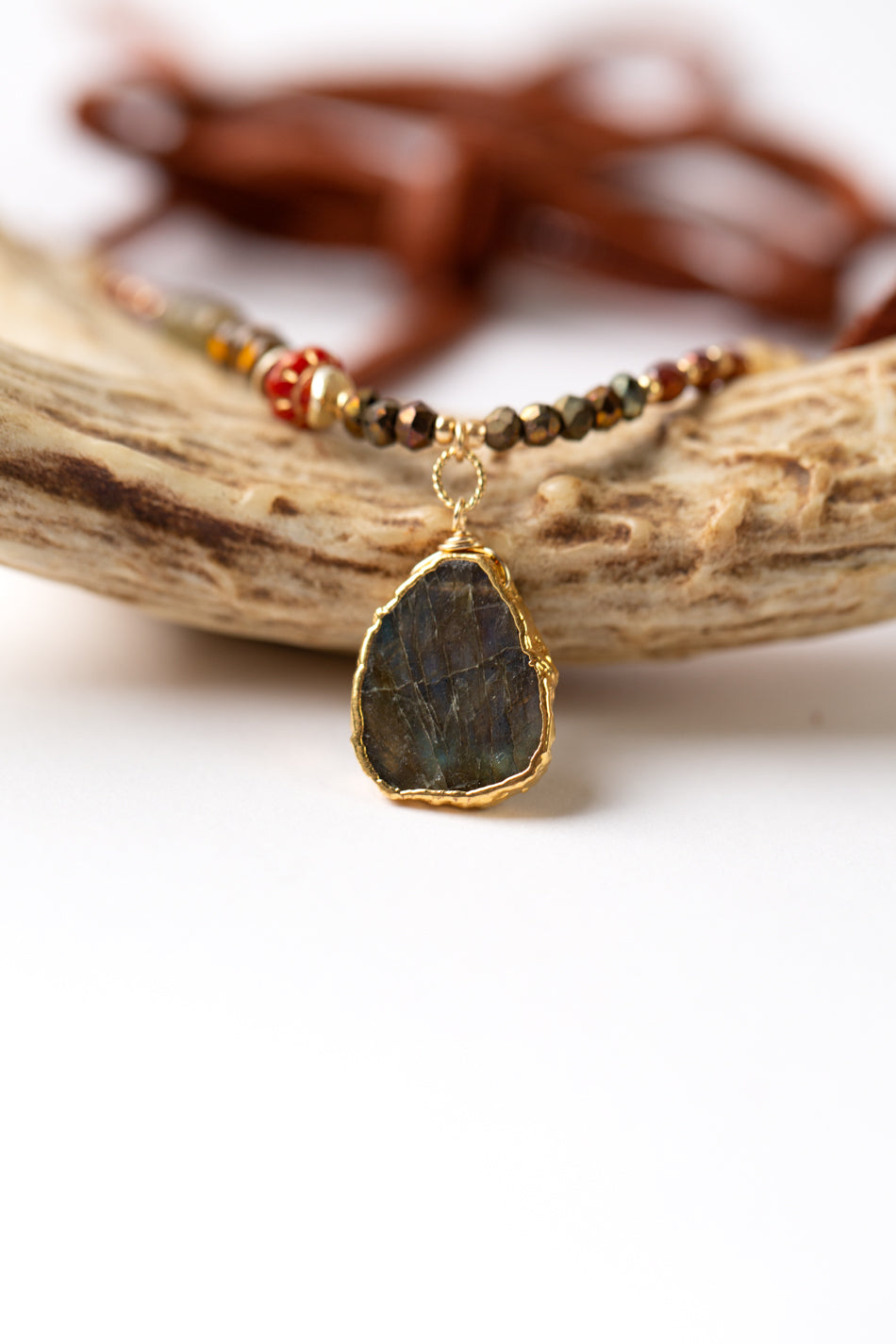One Of A Kind Adjustable Labradorite, Mother Of Pearl, Czech Glass Collage Necklace