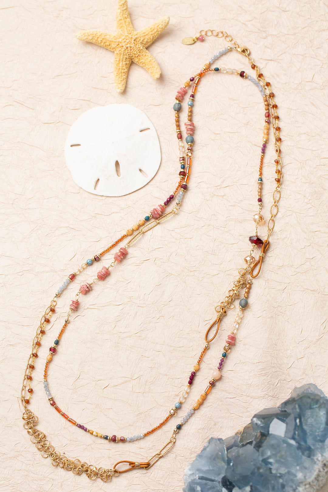One Of A Kind 57-59" Moonstone, Rhodochrosite, Czech Glass, Ruby Collage Necklace