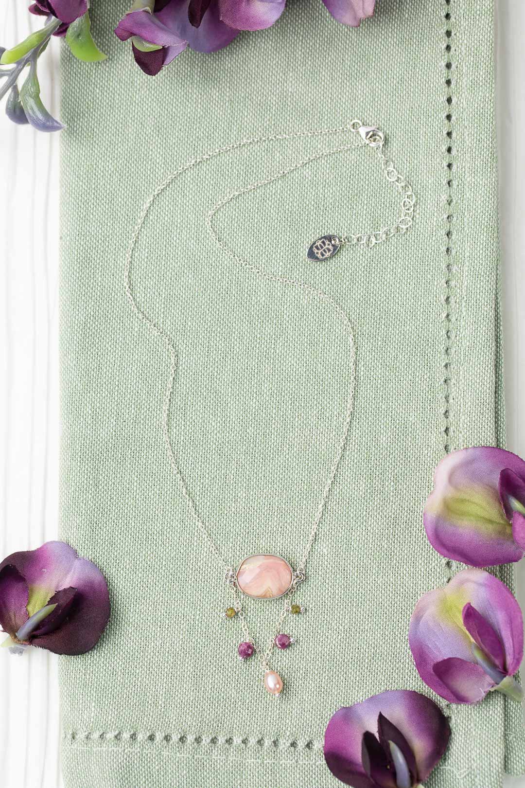 Orchid 15-17" Ruby, Pearl, Tourmaline With Pink Opal Statement Necklace