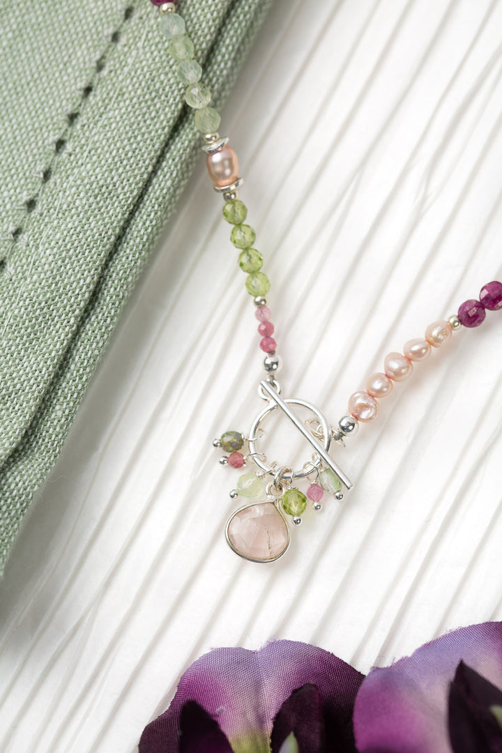 Orchid 16" Ruby, Pearl, Peridot With Rose Quartz Simple Necklace