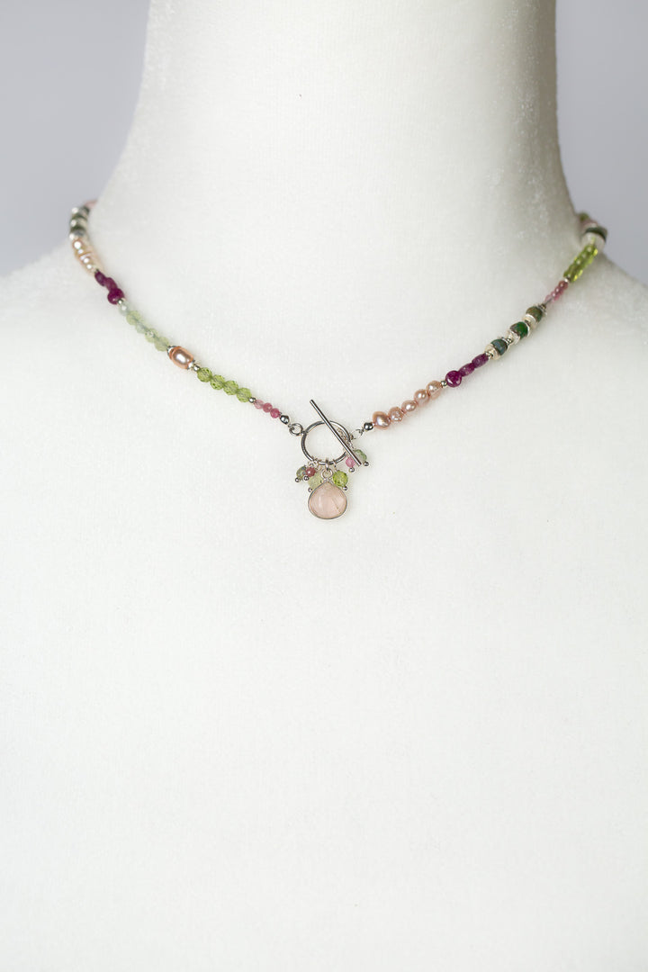 Orchid 16" Ruby, Pearl, Peridot With Rose Quartz Simple Necklace