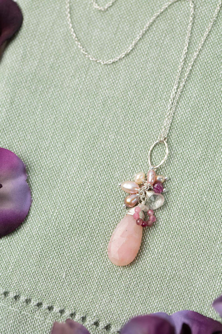 Orchid 19-21" Rose Quartz, Pearl, Ruby With Pink Opal Cluster Necklace