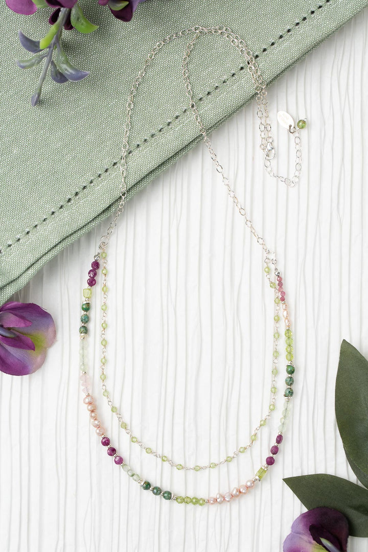 Orchid 25.5-27.5" Peridot, Pearl, Ruby Multistrand Necklace