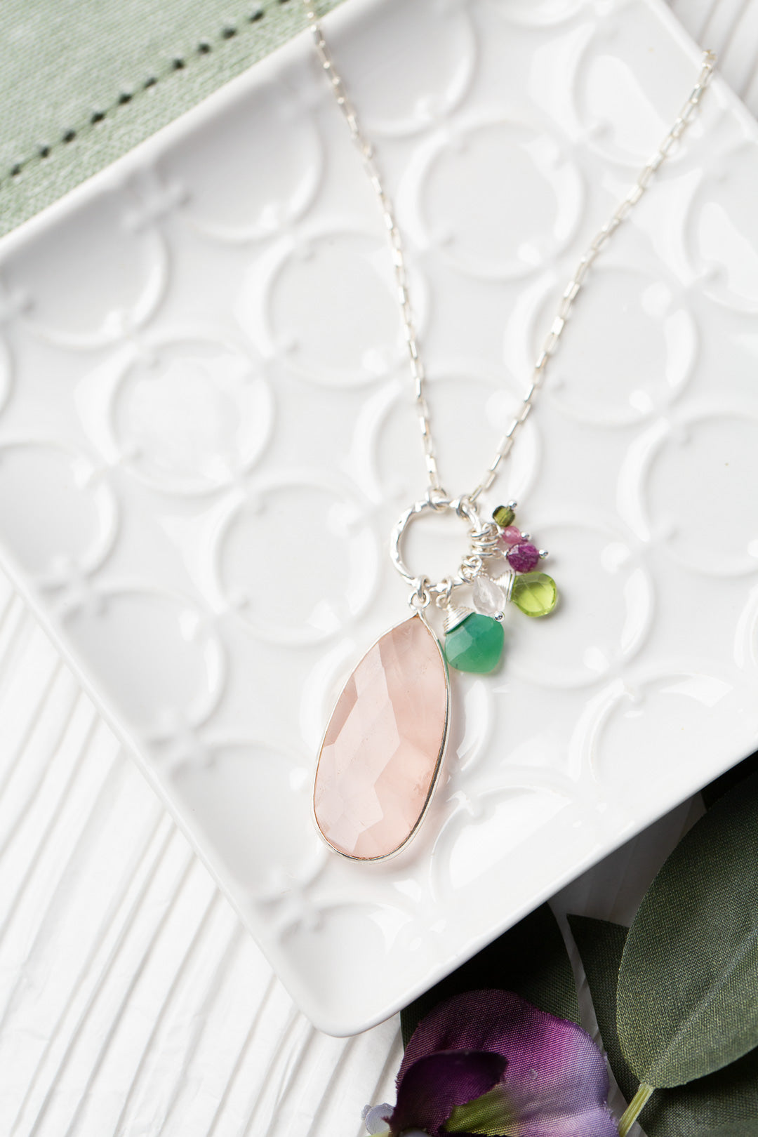 Orchid 16 or 30" Chrysoprase, Peridot, Ruby With Rose Quartz Cluster Necklace