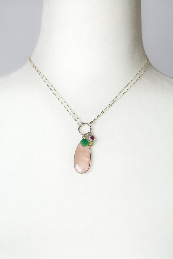 Orchid 16 or 30" Chrysoprase, Peridot, Ruby With Rose Quartz Cluster Necklace