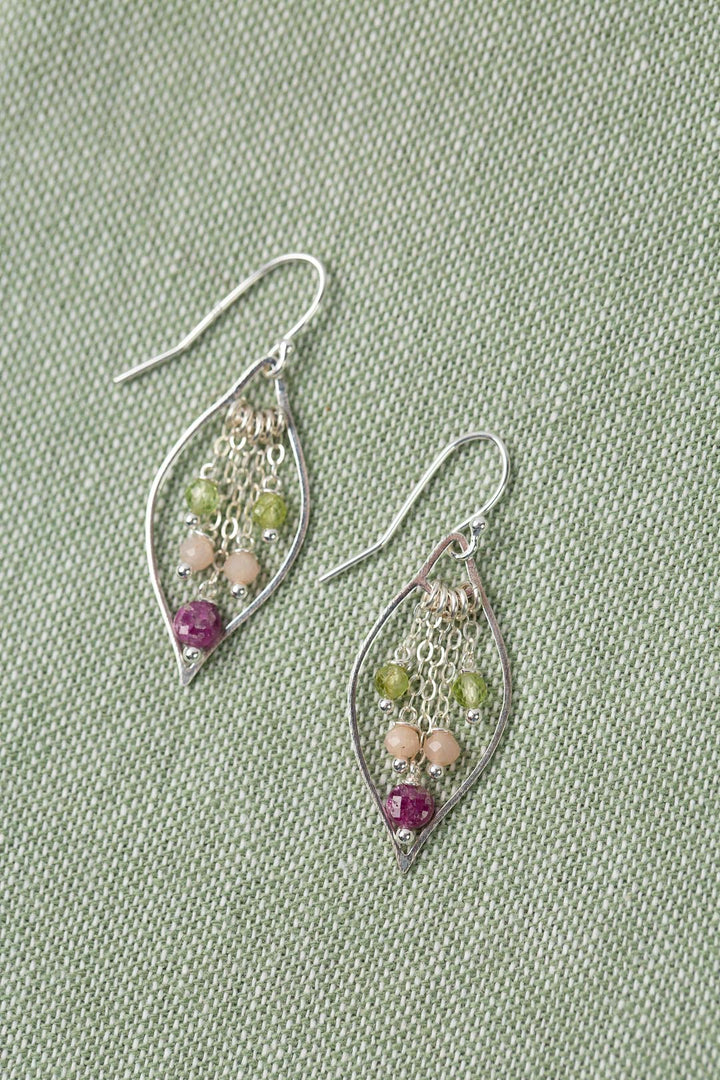 Orchid Ruby, Peridot, Moonstone Tassel Earrings