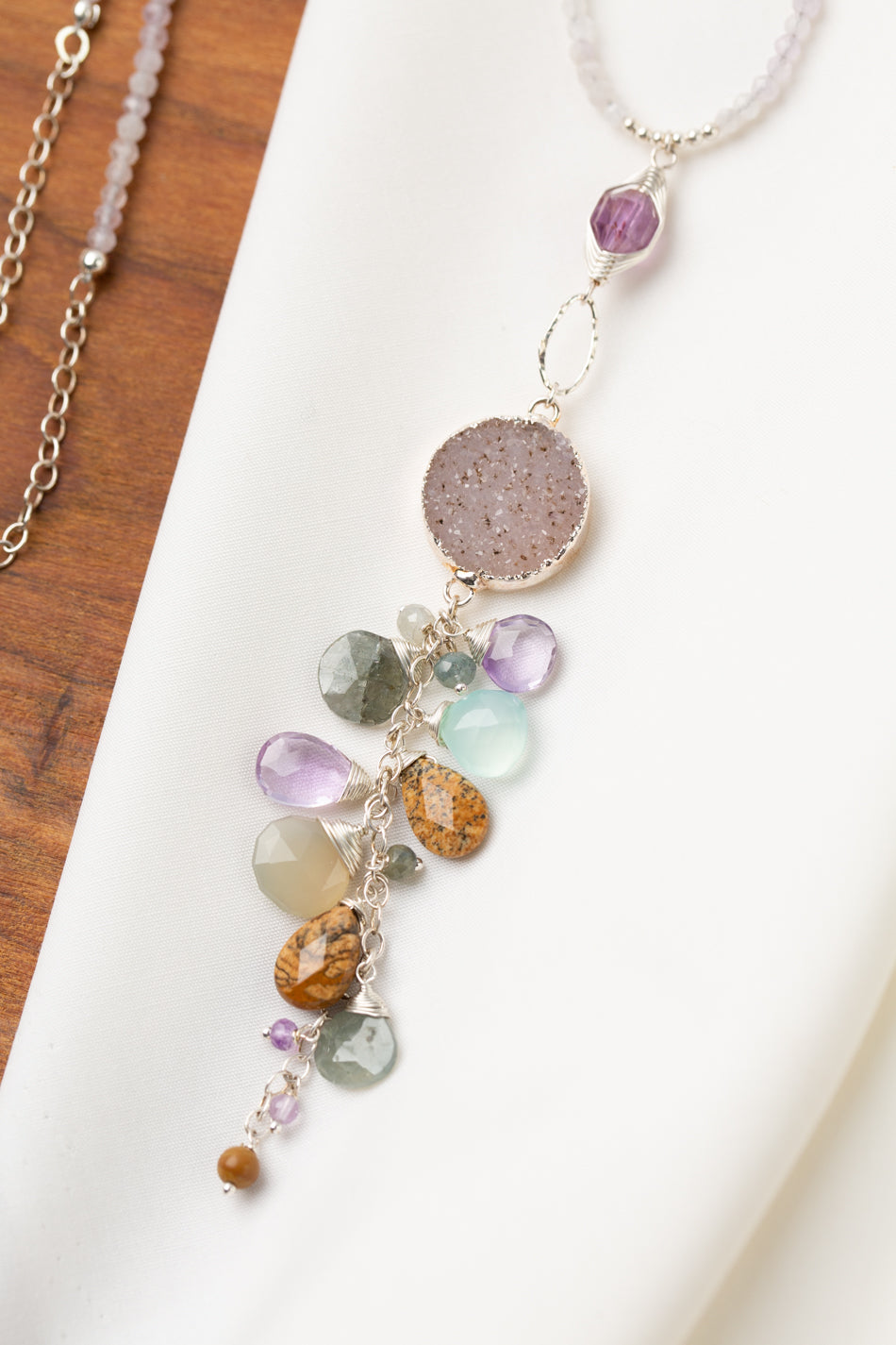 One Of A Kind 20.5-22.5" Druzy, Green Moss, Aquamarine, Chalcedony Cluster Necklace