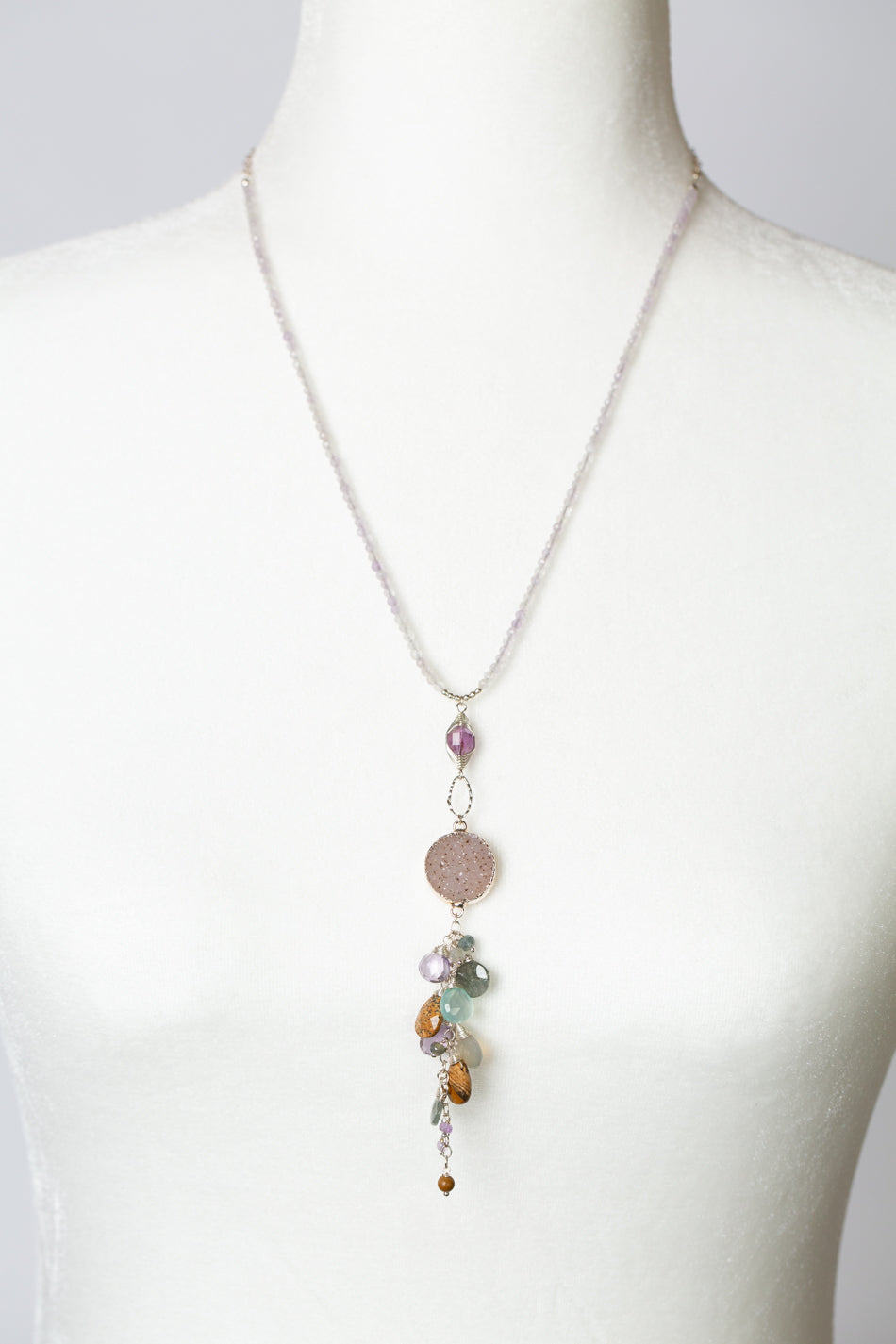 One Of A Kind 20.5-22.5" Druzy, Green Moss, Aquamarine, Chalcedony Cluster Necklace