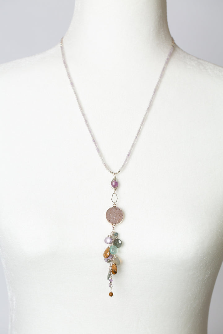 One Of A Kind 20.5-22.5" Druzy, Green Moss, Aquamarine, Chalcedony Cluster Necklace