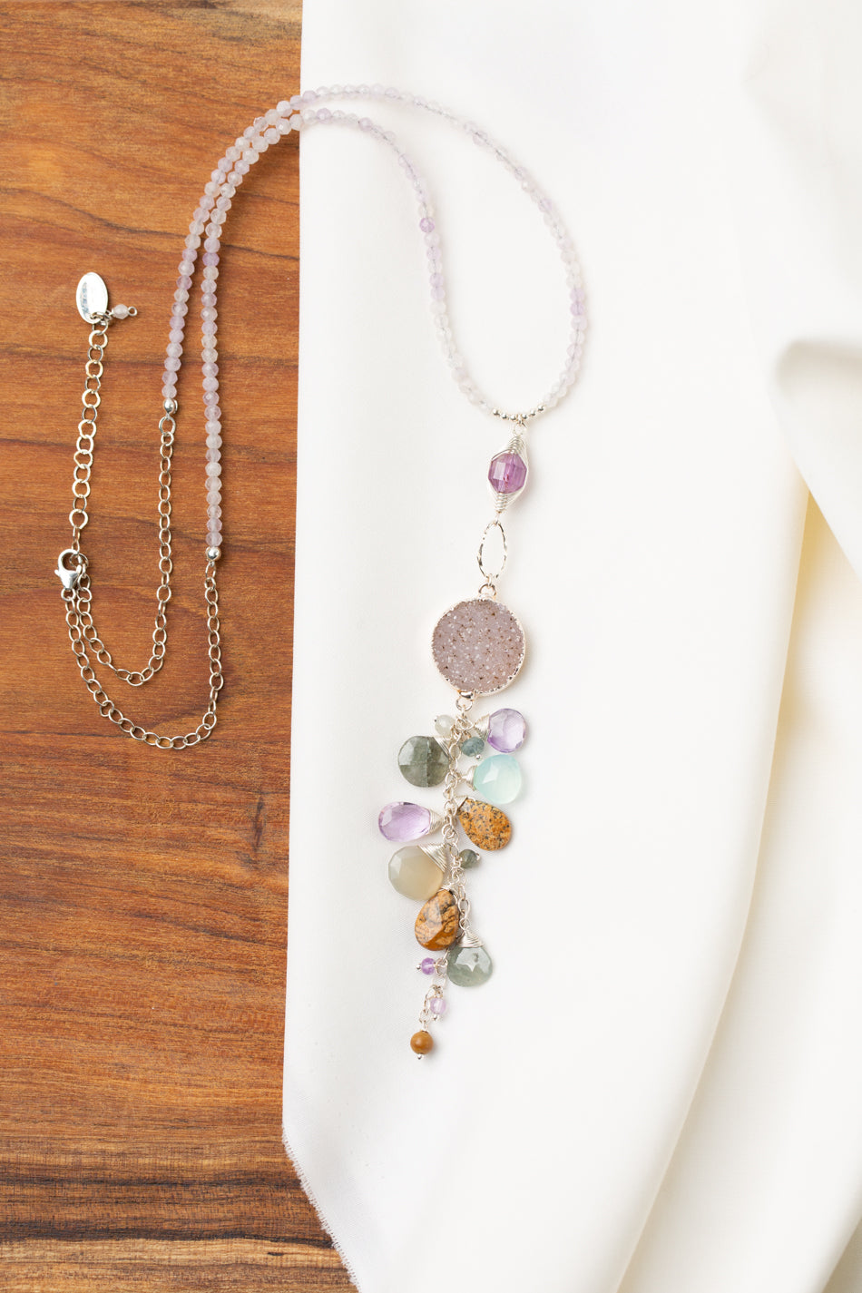 One Of A Kind 20.5-22.5" Druzy, Green Moss, Aquamarine, Chalcedony Cluster Necklace