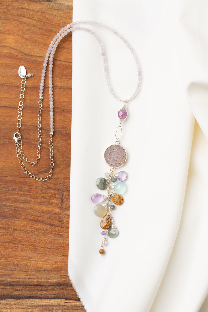 One Of A Kind 20.5-22.5" Druzy, Green Moss, Aquamarine, Chalcedony Cluster Necklace
