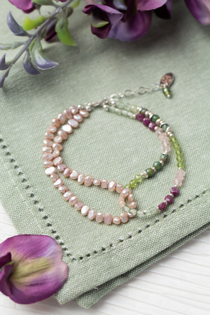 Orchid 7.5-8.5" Pearl, Peridot, Ruby Multistrand Bracelet