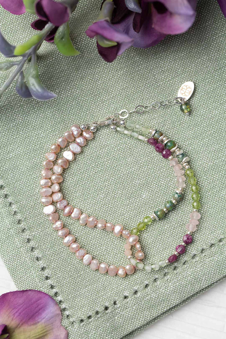 Orchid 7.5-8.5" Pearl, Peridot, Ruby Multistrand Bracelet