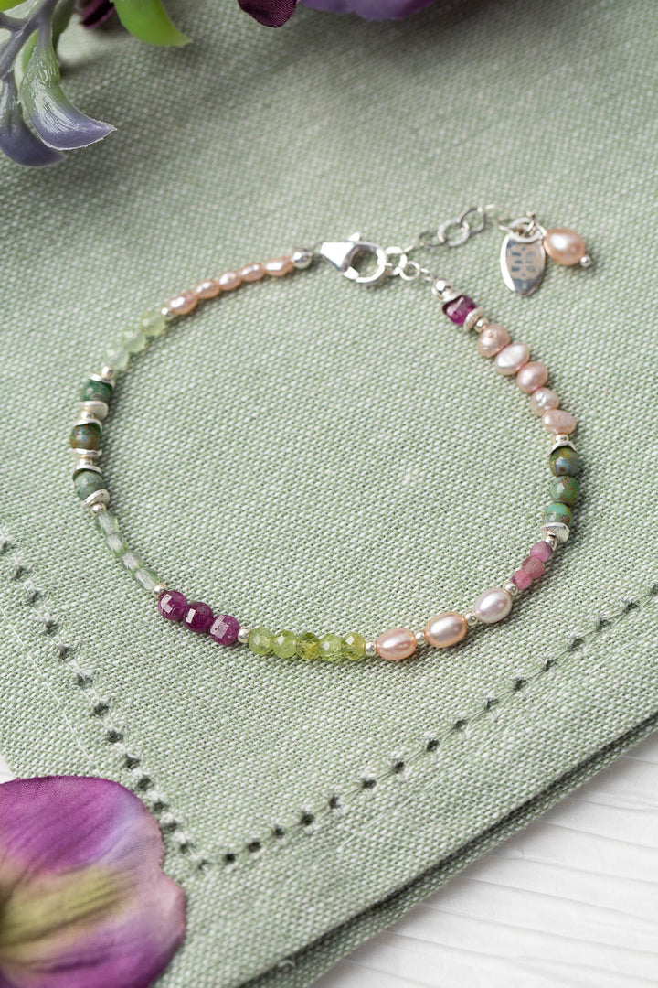 Orchid 7.5-8.5" Pearl, Peridot, Ruby Simple Bracelet