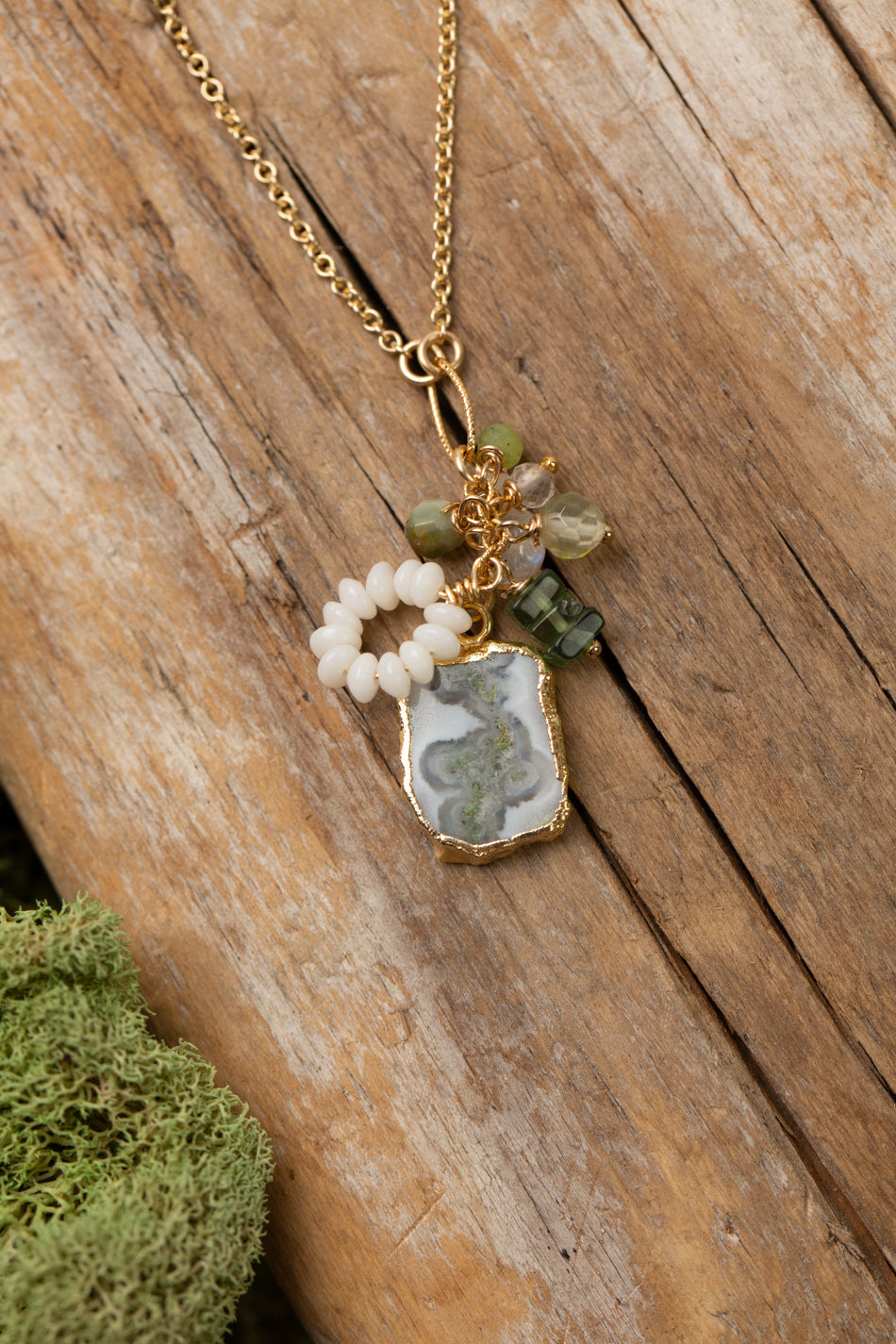 Purity 15-17" Prehnite, Moonstone, Tourmaline With Green Moss Agate Cluster Necklace