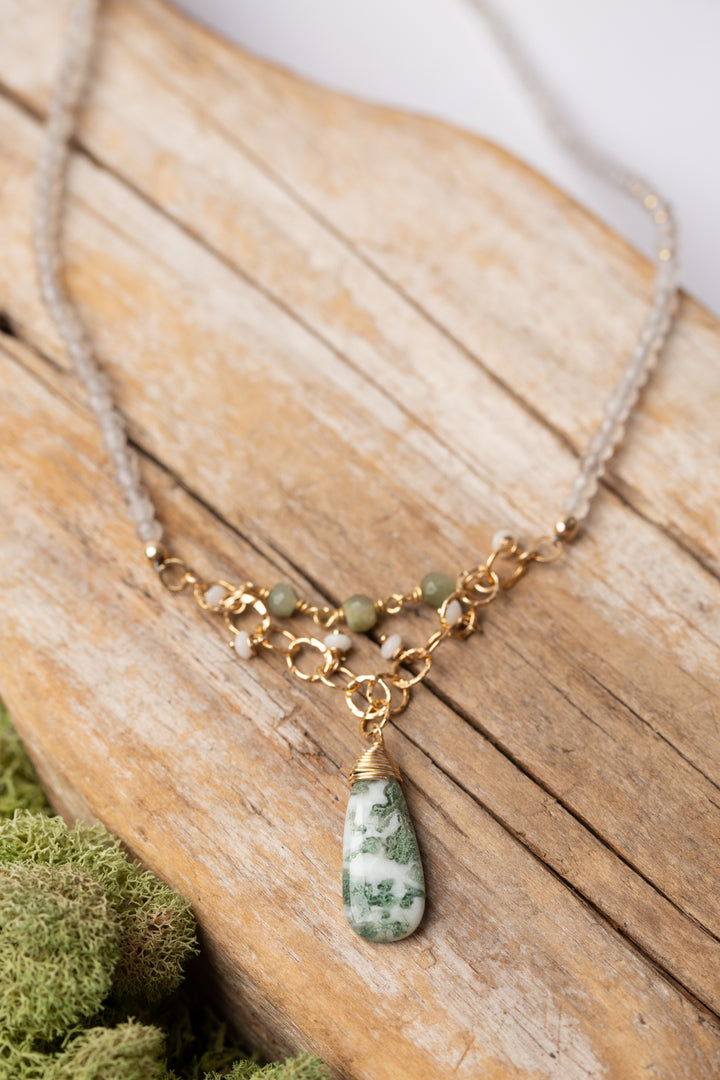 Purity 20.5-22.5" Green Tiger's Eye, Quartz With Green Moss Agate Statement Necklace