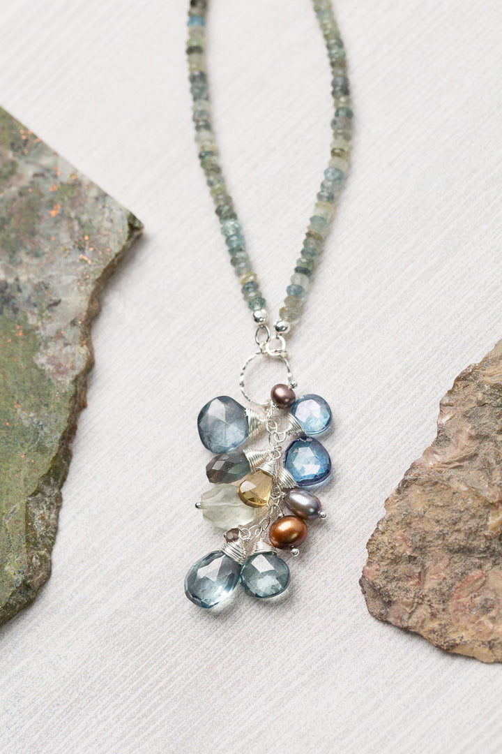 Resilience 23-25" Aquamarine, Topaz, Pearl Briolette Cluster Focal Necklace
