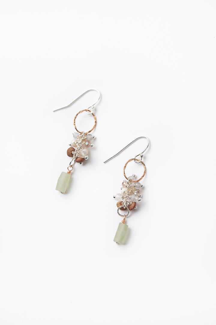 Rosebud Roman Glass, Labradorite, Pearl Cluster Earrings