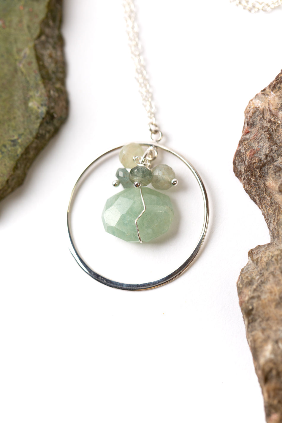 Resilience 15.5-17.5" Green Moss Aquamarine Cluster Focal Necklace