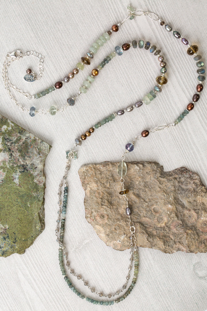 Resilience 37-39" Green Moss Aquamarine, Labradorite, Pearl Collage Necklace
