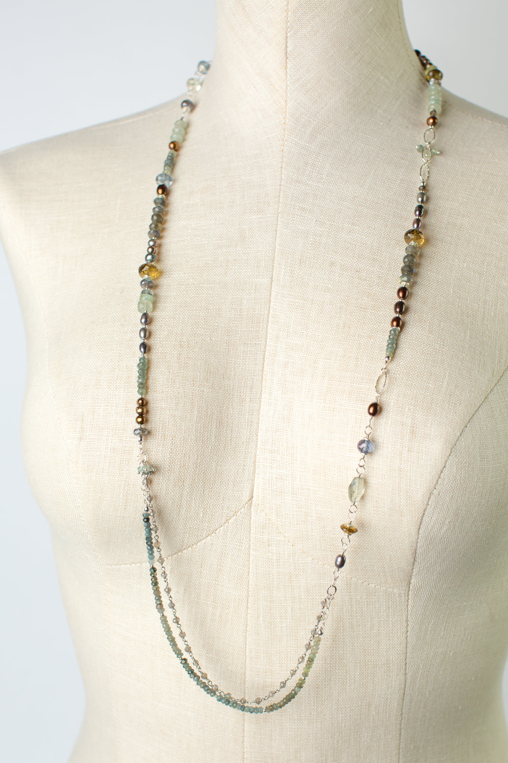 Resilience 37-39" Green Moss Aquamarine, Labradorite, Pearl Collage Necklace